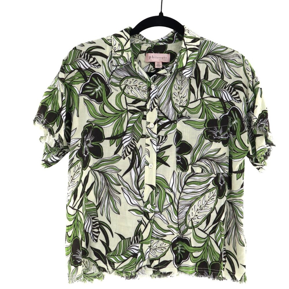 Philosophy Hawaiian‎ Shirt Womens M Green Tropical Vacation Cruise Resort Travel